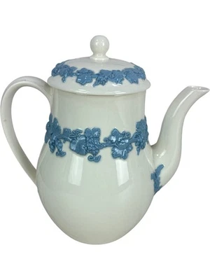 Wedgwood Queen's Ware Embossed Teapot Porcelain Blue Relief England - Image 1 of 4