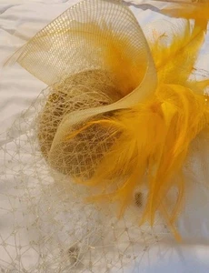 Fascinator Hair Clip On Gold Net Veil And Feathers - Picture 1 of 10
