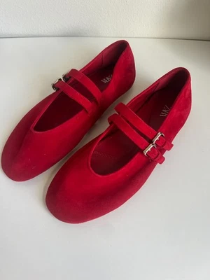 ZARA RED SUEDE CRISS CROSS BALLET FLATS W SILVER BUCKLE SZ 40 - Image 1 of 4