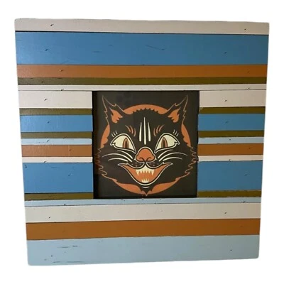 Slatted Wood Picture Frame  Outside 8” x 8”  Inside 3.5” x 3.5”  Black Cat Image - Image 1 of 4