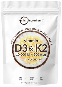 Vitamin D3 10000 iu Plus K2 (MK-7) 200 mcg, 300 Virgin Coconut Oil Softgels NEW - Picture 1 of 4