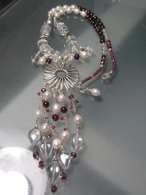 925 Silber *SALE* 41gr Flussperle, Granat & Steinquarz Perlen Floral Halskette. - Bild 1 von 4