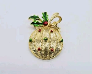 Weihnachtsschmuck Brosche gold rot & grün Emaille Anstecknadel Gerry's Vintage  - Bild 1 von 7