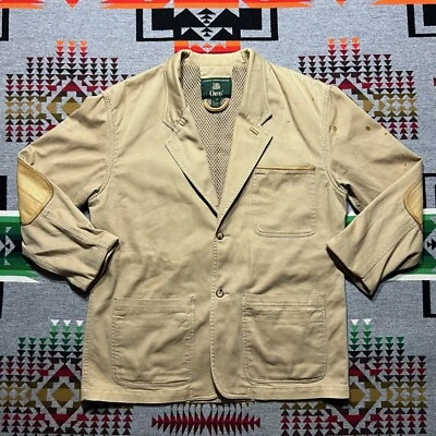 Jaqueta de safári masculina vintage Orvis couro marrom médio remendo de cotovelo caça C5 - Imagem 1 de 4