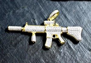 Assault Rifle Gun Pendant Round Cut Lab Created Diamond 14k Yellow Gold Over 2Ct - Picture 1 of 1