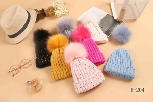 Kids Baby Winter Warm Knit Beanie Diamante Hat Girls Faux Fur Pom BobbleNew Cap - Picture 1 of 16