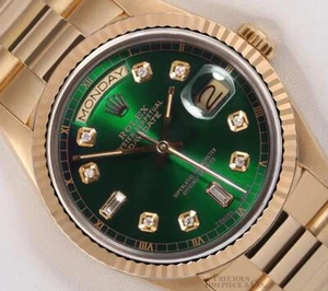 Rolex Day-Date President Solid 18k Gold 18038 Watch -Baguette Diamond Green Dial - Picture 1 of 6