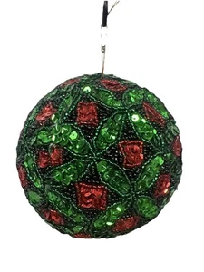 Red & Green Sequined Poinsettia Beaded Christmas Ornament Bulb Sequin 4.5” - Picture 1 of 6