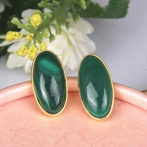 18k Gold Plated 925 Silver Oval Malachite Gemstone Stud Earrings Jewelry - Picture 1 of 5