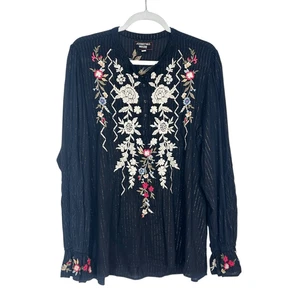 Johnny Was Workshop Embroidered Tunic Top Large Black Floral Roma Victorian Blou - Picture 1 of 14