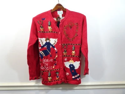 Quacker Factory Cardigan Sweater Size S Embroidered Angels Christmas Red Grandma - Image 1 of 4