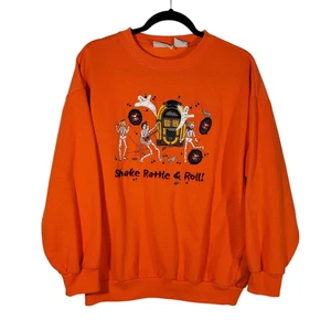 Sudadera De Colección Halloween Bordada Para Mujer XL Naranja Rock Roll Esqueleto Jukebox - Imagen 1 de 4
