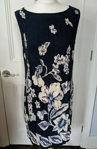KAREN SCOTT A line dress Size M 10-12 blue floral fit & flare cotton flax blend - Picture 1 of 7