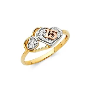 Triple Heart CZ 15 Años Quinceañera 14K Tri Color Gold Ring Anillo Corazón Oro - Picture 1 of 1