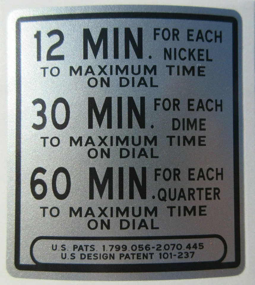 Calcomanía de placa de parquímetro Duncan 50 - 12-30-60 minutos para una moneda de diez centavos de níquel Foto 1 de 1