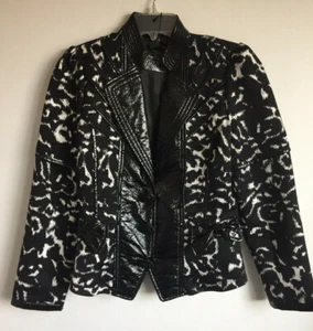 NWT $252 Simon Chang Black White Leopard Print Jacket Blazer w Faux Leather 6  - Picture 1 of 11