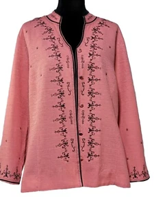 IX SILK LAND WOMAN JACKET PEACHY PINK w BLK EMBROIDERY ASIAN INFLUENCE - Picture 1 of 10