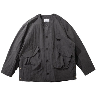 Chaqueta de Carga Japonesa Hombres Suelta Multi Bolsillo Informal Fino Sin Cuello Abrigo Foto 1 de 4