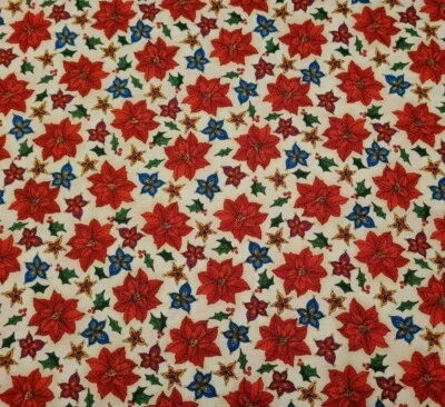Christmas Splendor BTY Susie Robbins Quilting Treasures Red Blue Poinsettia Ecru - Image 1 of 3