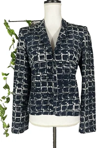Louben Blazer Jacket size 8 Navy Blue Tan Squares Open Front Career Professional - Picture 1 of 11