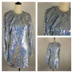Abito da festa ZARA donna taglia XS argento paillettes impreziosito spalle pieghe nuovo senza etichette - Foto 1 di 12