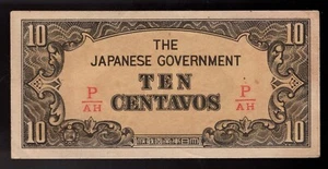 1942 Gobierno Japonés Diez 10 Centavos Segunda Guerra Mundial Filipinas Ocupación Negro P/AH #2 - Imagen 1 de 2