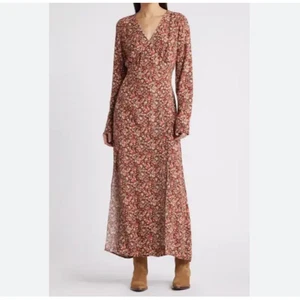 Neu mit Etikett Treasure & Bond langärmliges geblümtes Maxikleid V-Ausschnitt Schlitze vorne rot Größe XS - Bild 1 von 14