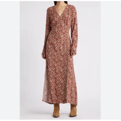 Vestido maxi floral Treasure & Bond manga longa gola V fendas frontais vermelho tamanho XS novo com etiquetas - Imagem 1 de 4