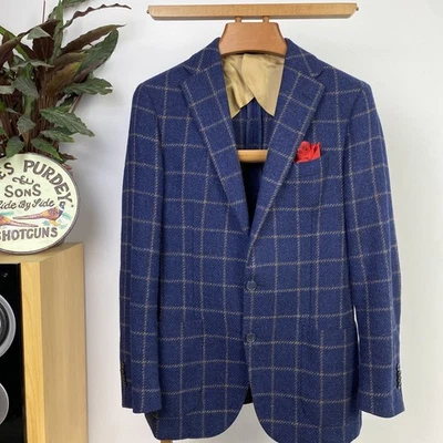 Boggi Milano (38S) Windowpane Italian Blazer Sport Coat Jacket Tweed Wool Blue - Image 1 of 4