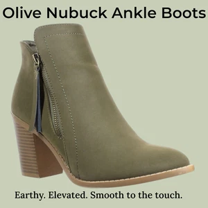Stacked Chunky Heel Booties Olive Green Nubuck Ankle Boots | Earthy. Elevated. - Picture 1 of 6