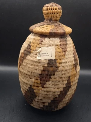 African Botswana Tribal Hand Woven Basket Lidded - Image 1 of 4