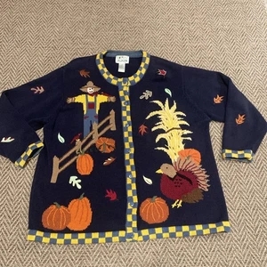 Quacker Factory Womens Autumn Harvest Cardigan Sweater 1X Ramie/Cotton Navy Blue - Picture 1 of 8