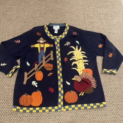 Quacker Factory Womens Autumn Harvest Cardigan Sweater 1X Ramie/Cotton Navy Blue - Image 1 of 4