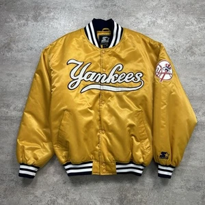 RARE VTG 90s MLB NEW YORK YANKEES STARTER SATIN BOMBER JACKET YELLOW MASTERED L - Picture 1 of 6