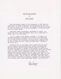 Allen Drury, author of Advise and Consent, signed typed Manuscript First Page - Picture 1 of 1