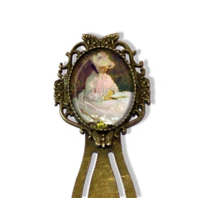 Vintage Art Claude Monet Woman Reading Bookmark Book Lover Metal Oval Glass - Picture 1 of 4