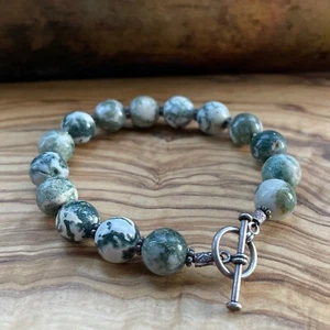 Green White Moss Agate & Sterling Silver Beaded Bracelet Handmade Toggle Clasp - Picture 1 of 4