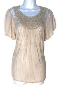 Hannah by Anthropologie Medium Beige Tunic Lace Embroidered Flowy Peasant Boho - Picture 1 of 3