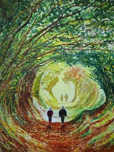 Painting of walkers on the Roman Road, Halnaker, West Sussex. - Picture 1 of 1