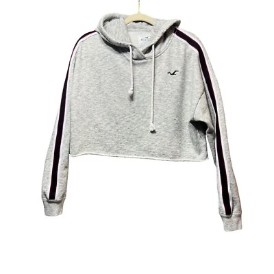 Sudadera con Capucha Hollister Crop Manga Rayas Dobladillo Crudo Gris Mediana Foto 1 de 4