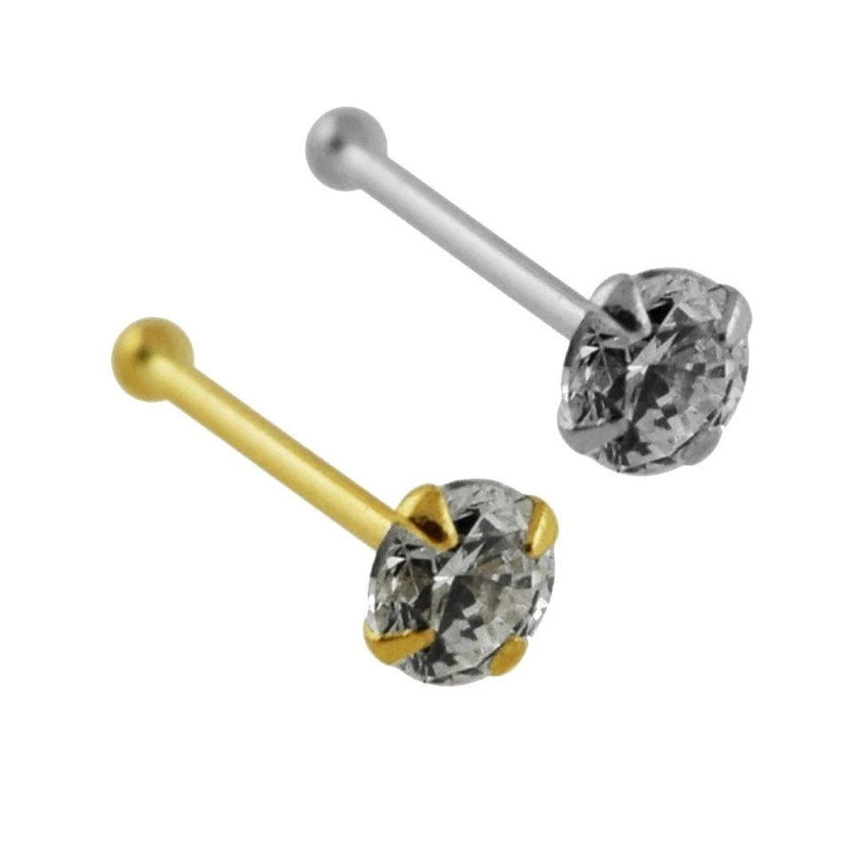 9 Carato 375 Oro Argento Piercing Naso Spina Rotondo Zirconia Ø 2,5mm - Immagine 1 di 1