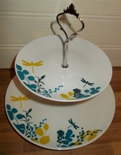 2 TIER PASTRY CAKE PLATE STAND DISPLAY DRAGONFLY WHITE GREEN YELLOW