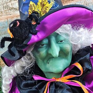 Halloween vieille sorcière ornement tête céramique visage vert chapeau araignée décor effrayant
