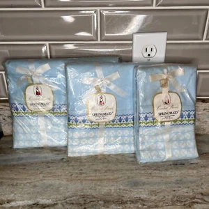 VTG Springmaid NOS Blue Floral Cotton Pillowcases & 2 Top Sheets Double Bed - Picture 1 of 9