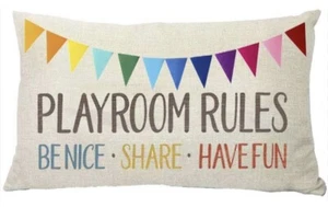 Playroom Rules Decorative Throw Pillow Case Cover Cotton Linen Rainbow Flag NEW - Picture 1 of 6