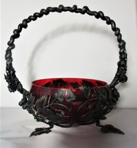 Gorgeous Antique Aesthetic Movement Large VICTORIAN Basket w/ Ruby Glass c. 1880 - Picture 1 of 8