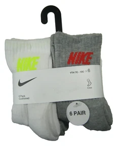 6 Pairs NIKE Boys Cushioned Crew Socks Fits Youth Shoe Size 7C-10C White Gray - Picture 1 of 5