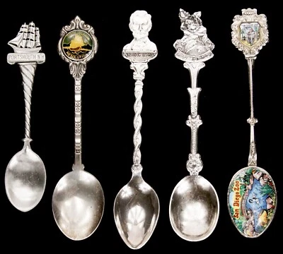 Lote 5 cucharas de coleccionista de recuerdos placa de plata níquel Estados Unidos esmalte zoológico antiguas Foto 1 de 4
