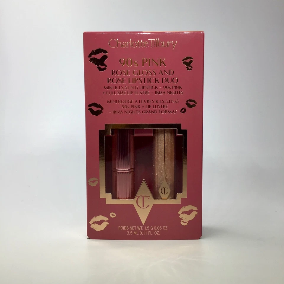 Charlotte Tilbury 90s Pink Rose Gloss & Rose Lipstick Duo KISSING + IBIZA - NIB - Image 1 of 3