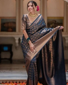 Latest Designer Soft Lichi Silk Saree With Teal Blue Blouse For Engagement Wear - Picture 1 of 11